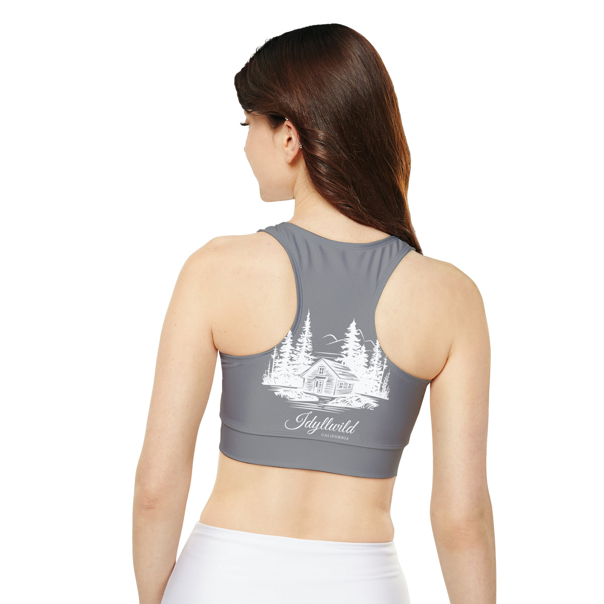 Fully Lined, Padded Sports Bra (AOP) Cabin in the Woods Grey