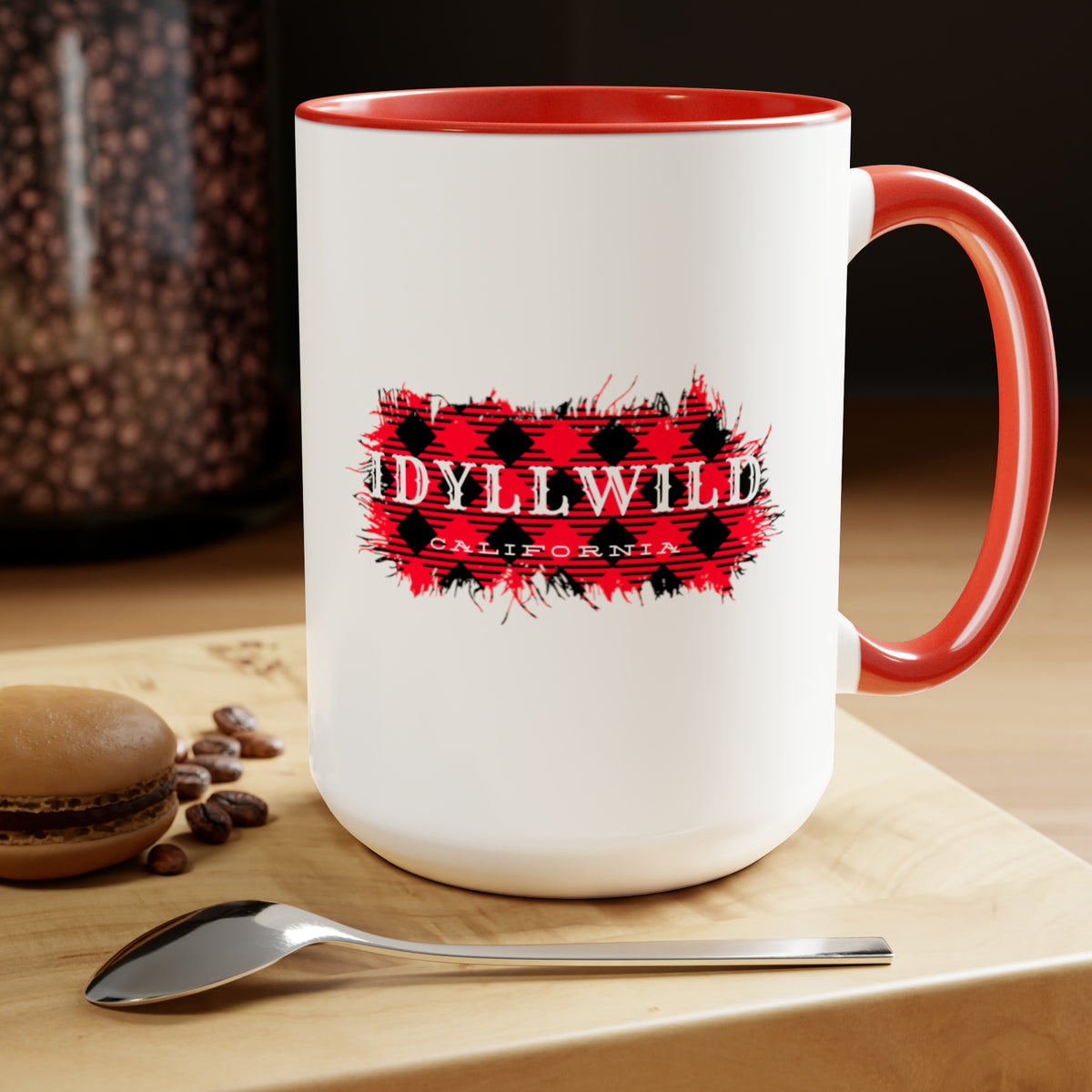 Two-Tone Coffee Mugs, 15oz Idyllwild Red Buffalo Plaid