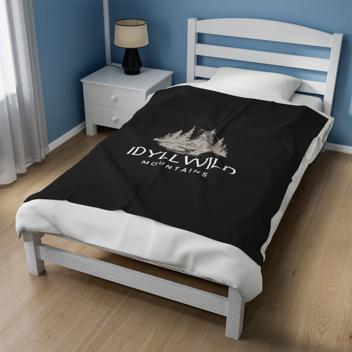 Velveteen Plush Blanket Idyllwild Mountains Cabin Black