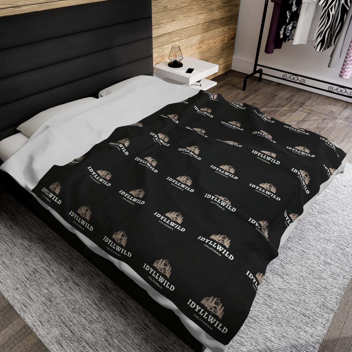 Velveteen Plush Blanket Idyllwild Cabin Badge Pattern Black