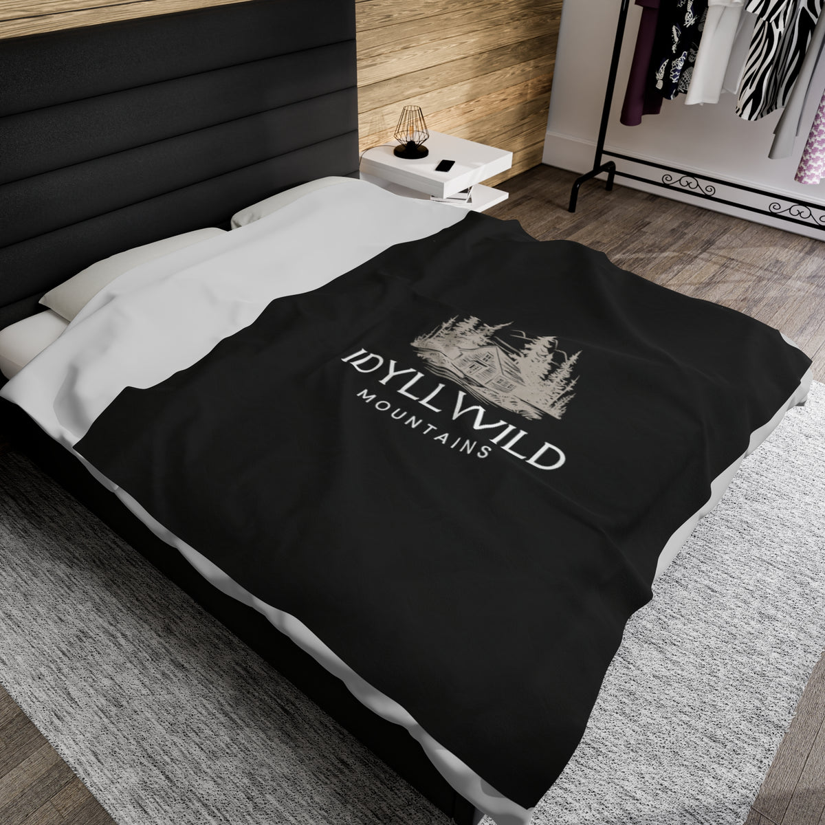 Velveteen Plush Blanket Idyllwild Mountains Cabin Black