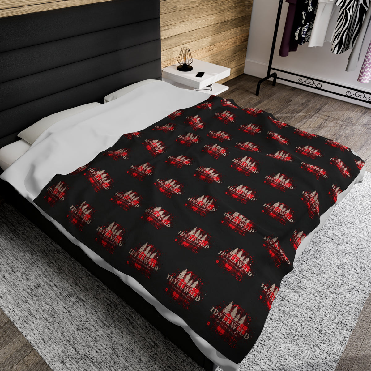 Velveteen Plush Blanket Red Buffalo Tan Pine Pattern Black