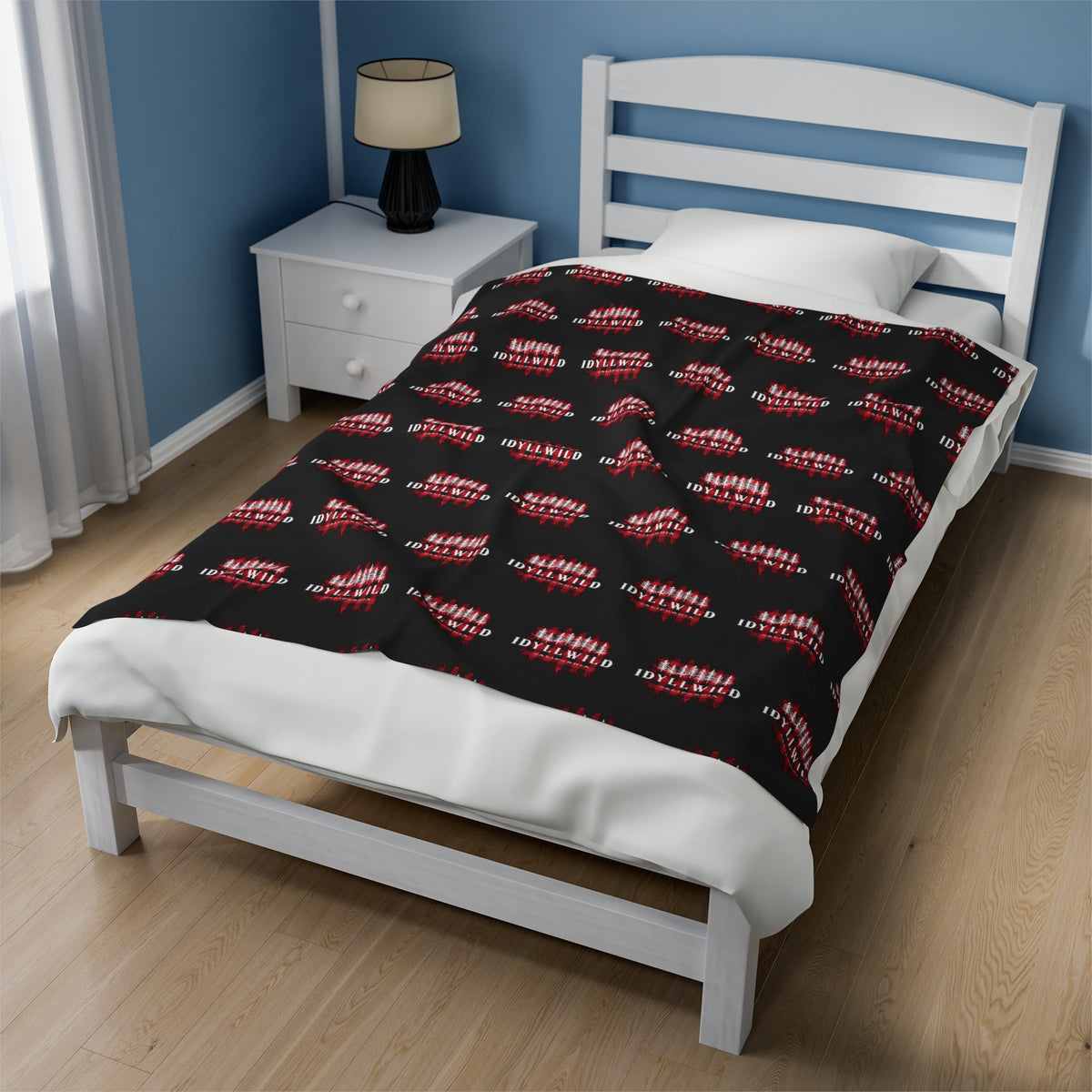 Velveteen Plush Blanket Red Buffalo White Pines Pattern Black