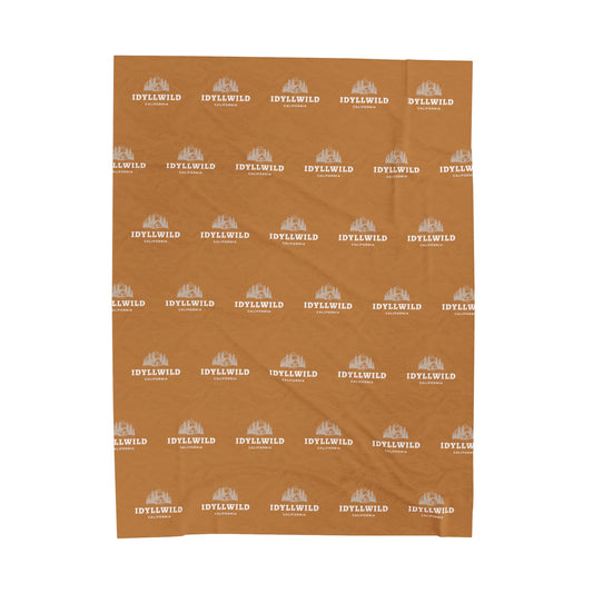 Velveteen Plush Blanket Idyllwild Cabin Badge Pattern Tan