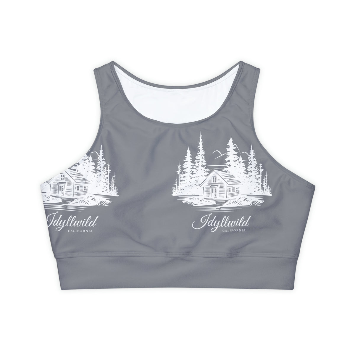 Fully Lined, Padded Sports Bra (AOP) Cabin in the Woods Grey