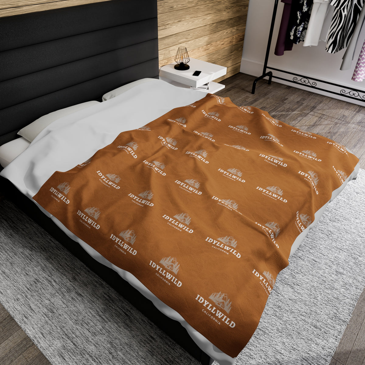 Velveteen Plush Blanket Idyllwild Cabin Badge Pattern Tan