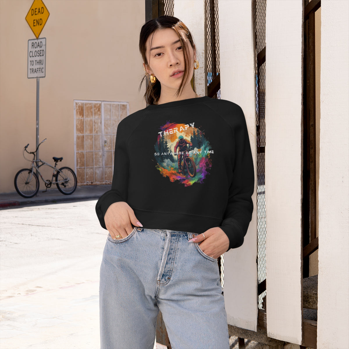 Mountain Biking is Therapy Cropped Fleece Pullover