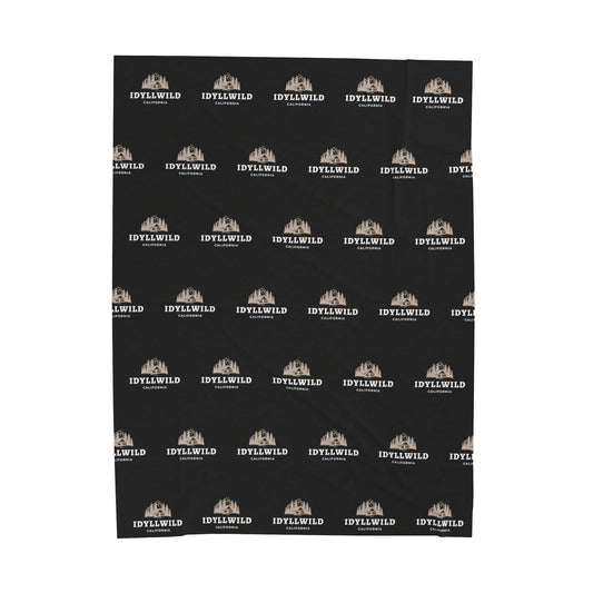Velveteen Plush Blanket Idyllwild Cabin Badge Pattern Black