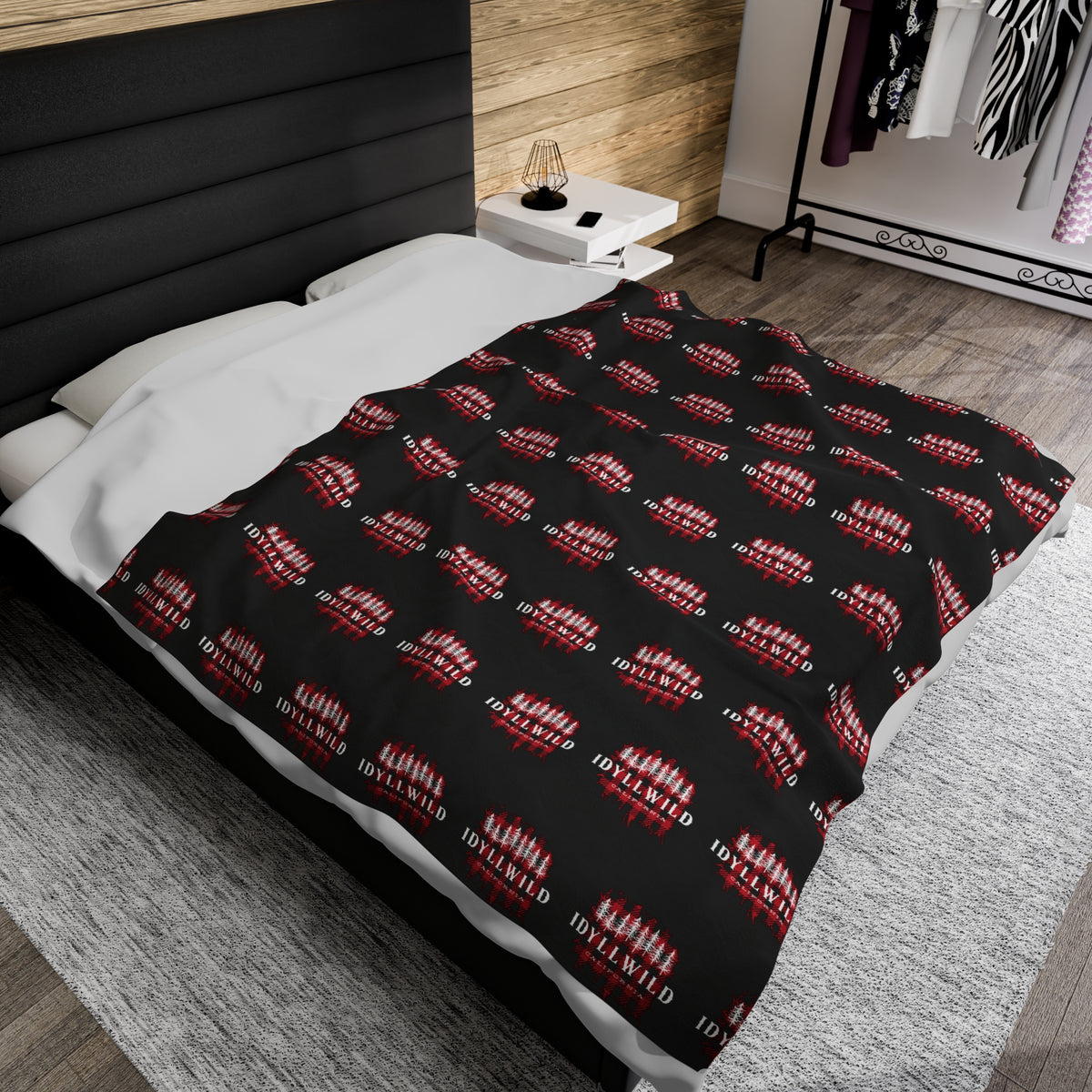 Velveteen Plush Blanket Red Buffalo White Pines Pattern Black