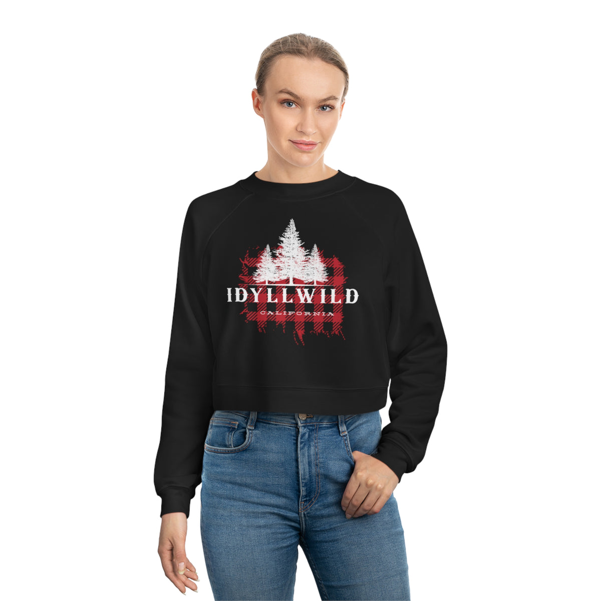 Idyllwild California Red Buffalo Plaid White Pine Cropped Fleece Pullover