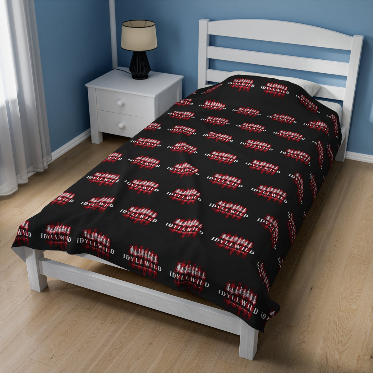 Velveteen Plush Blanket Red Buffalo White Pines Pattern Black