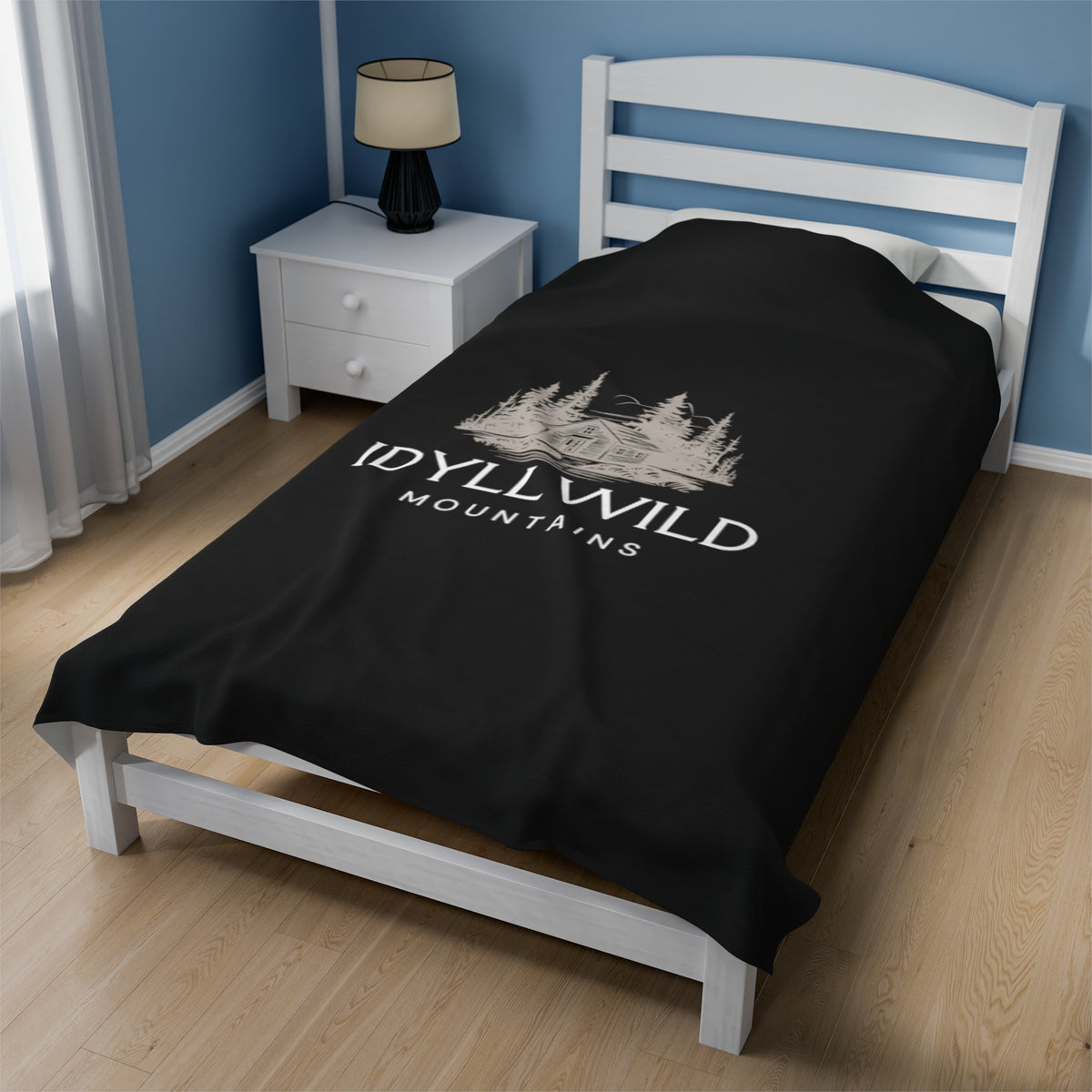 Velveteen Plush Blanket Idyllwild Mountains Cabin Black
