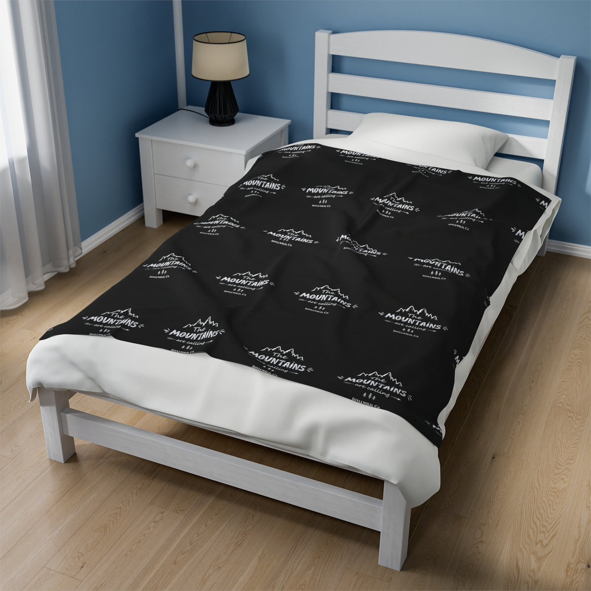 Velveteen Plush Blanket The Mountains Are Calling Black Pattern
