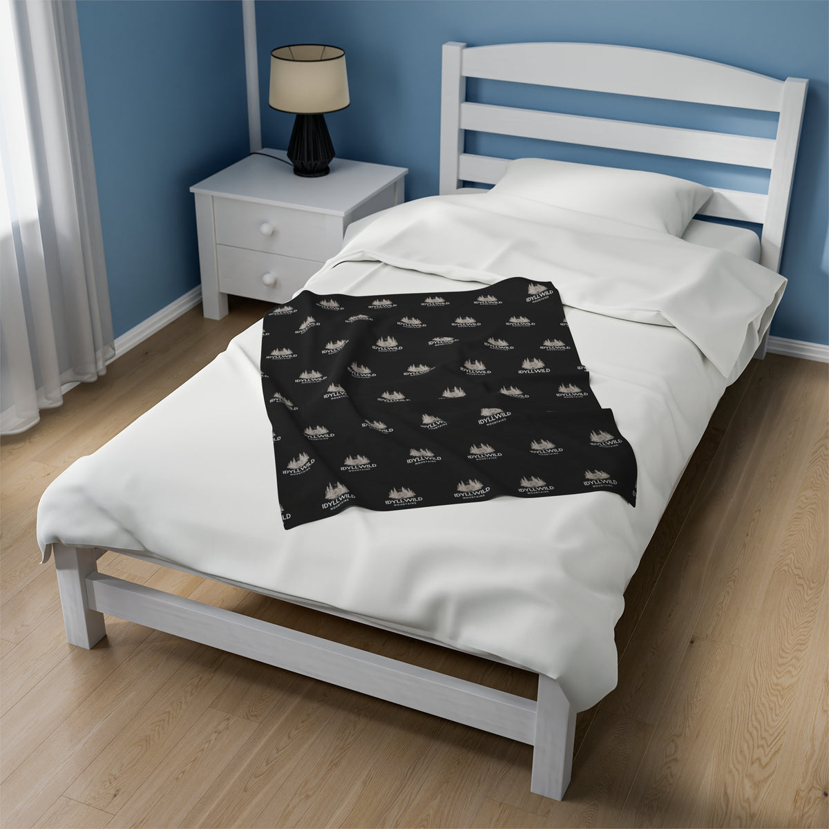 Velveteen Plush Blanket Idyllwild Cabin in the Woods Badge Pattern Black