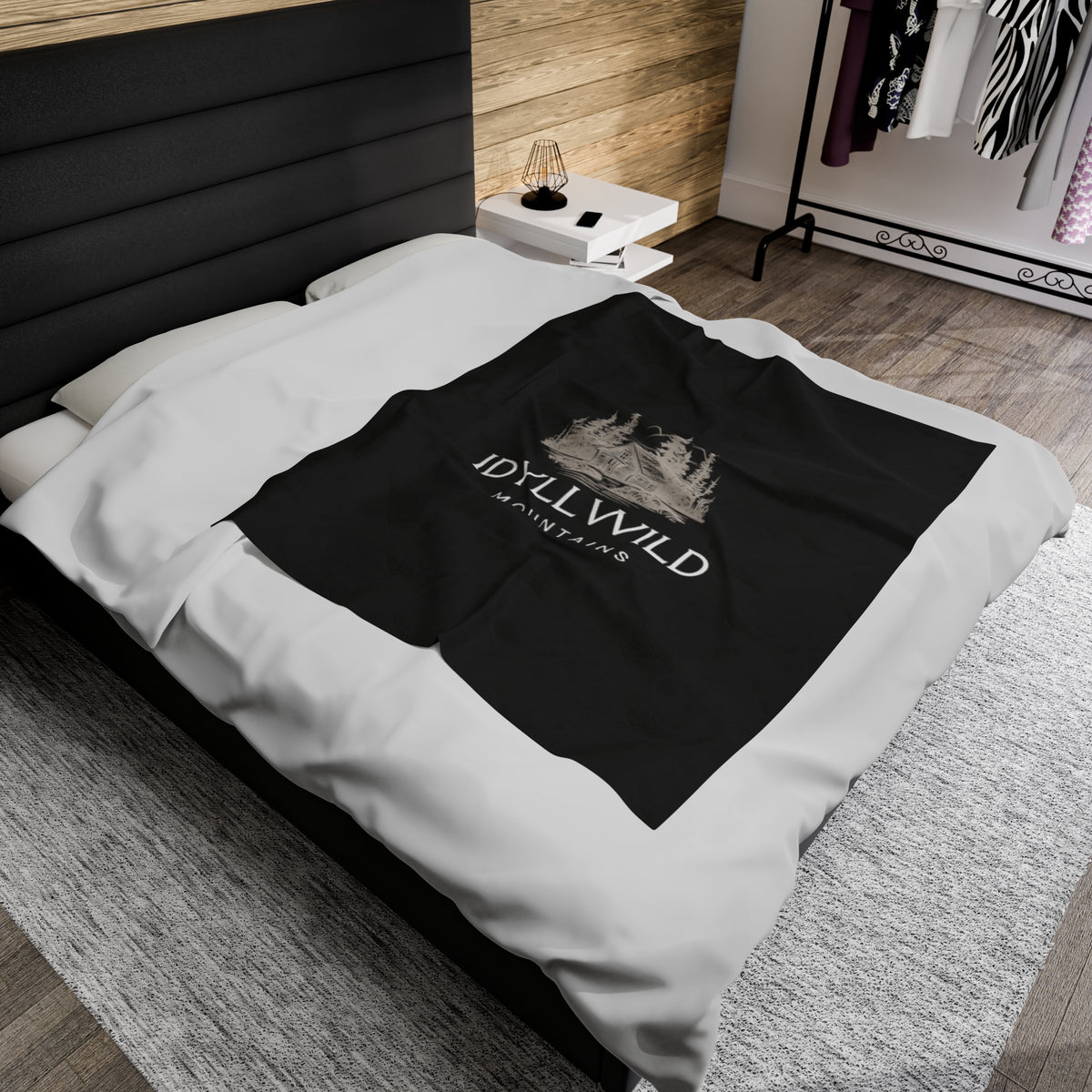 Velveteen Plush Blanket Idyllwild Mountains Cabin Black