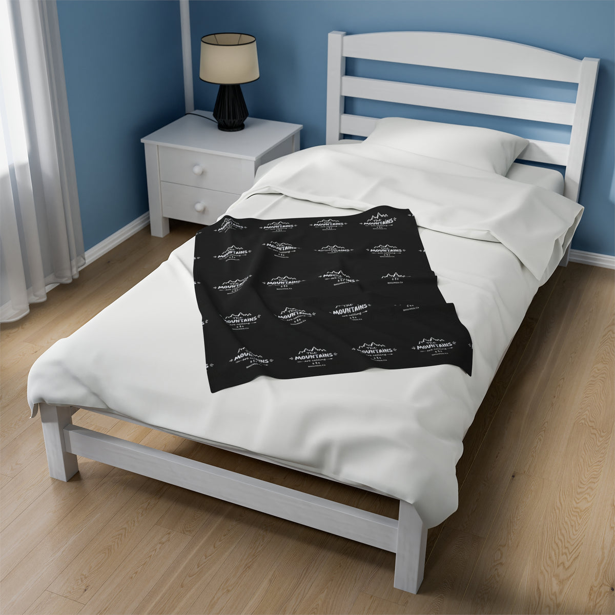 Velveteen Plush Blanket The Mountains Are Calling Black Pattern