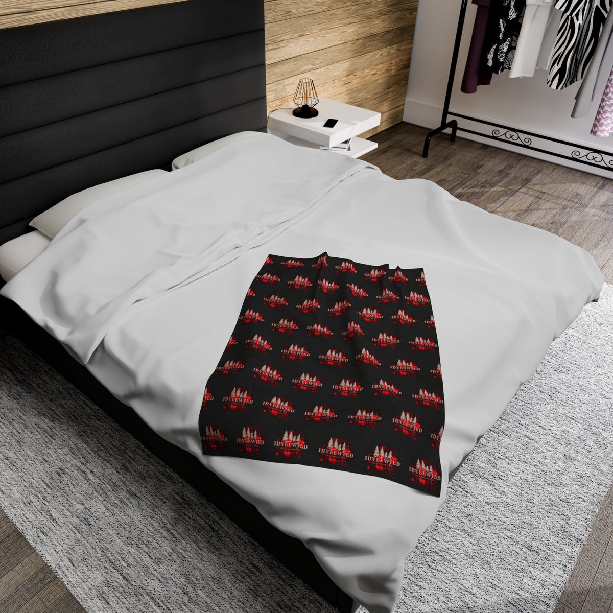 Velveteen Plush Blanket Red Buffalo Tan Pine Pattern Black