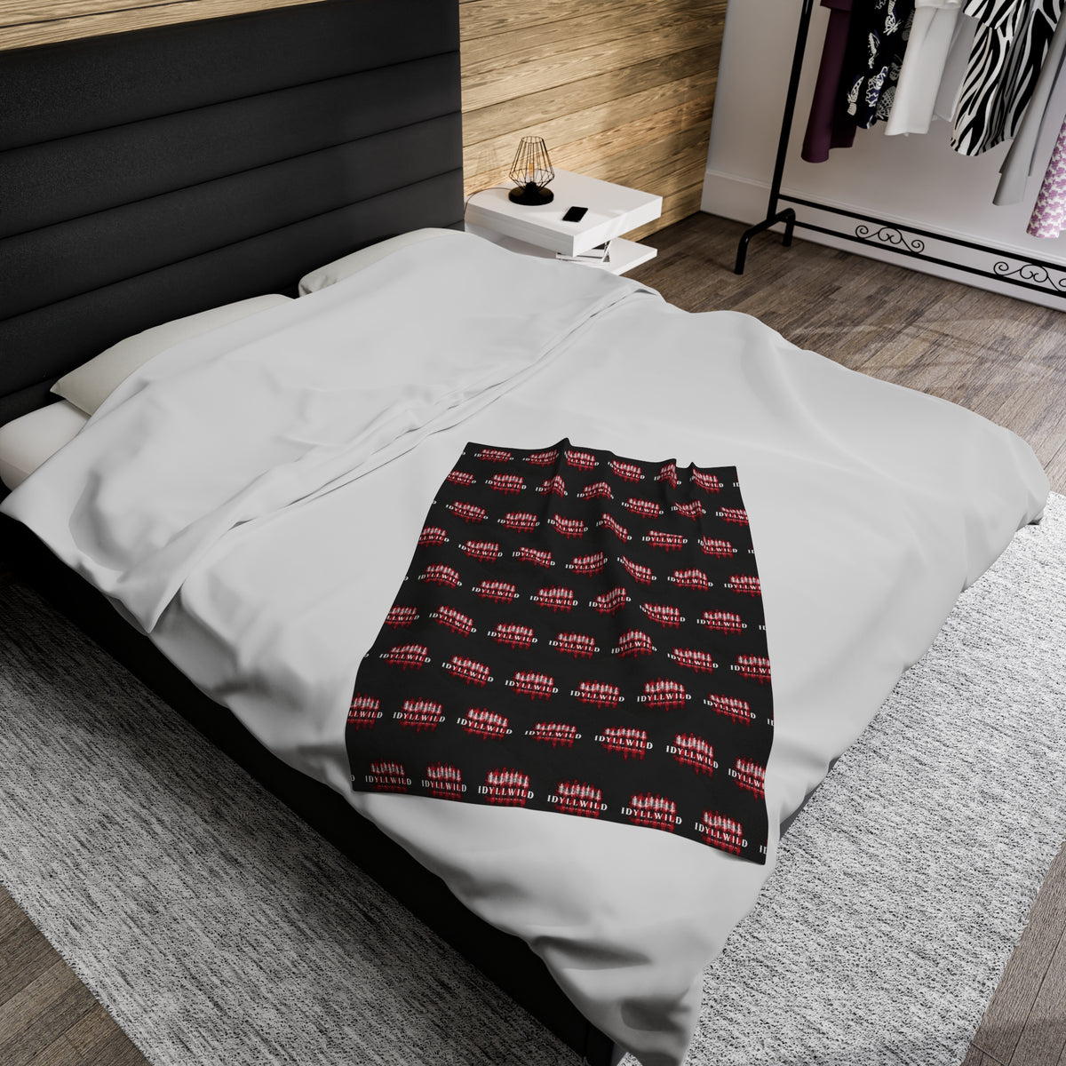 Velveteen Plush Blanket Red Buffalo White Pines Pattern Black