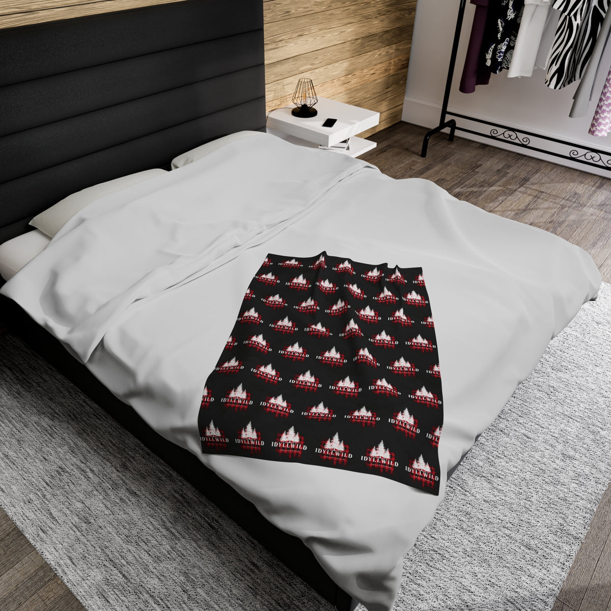 Velveteen Plush Blanket Red Buffalo White Tall Pine Pattern Black