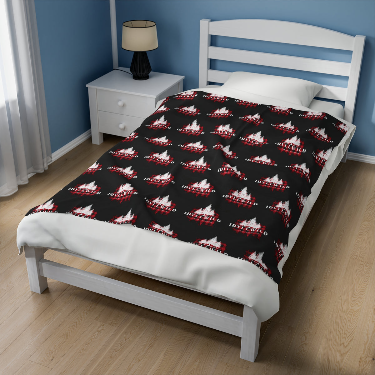 Velveteen Plush Blanket Red Buffalo White Tall Pine Pattern Black