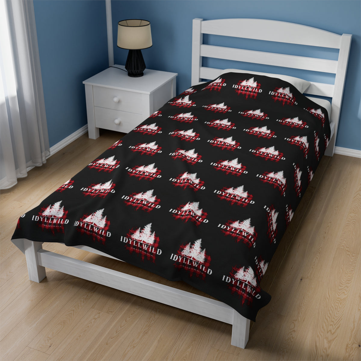 Velveteen Plush Blanket Red Buffalo White Tall Pine Pattern Black