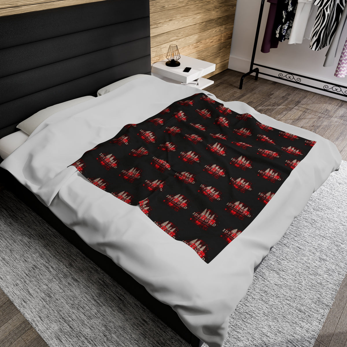 Velveteen Plush Blanket Red Buffalo Tan Pine Pattern Black