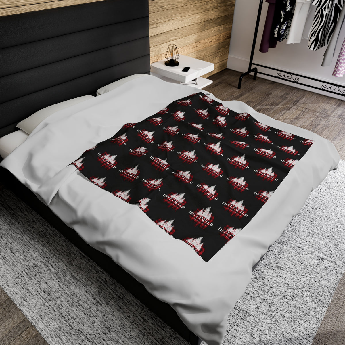Velveteen Plush Blanket Red Buffalo White Tall Pine Pattern Black