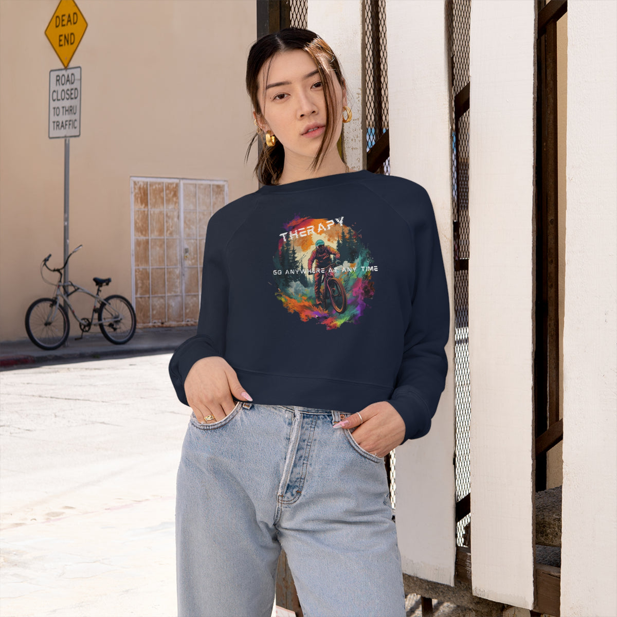 Mountain Biking is Therapy Cropped Fleece Pullover