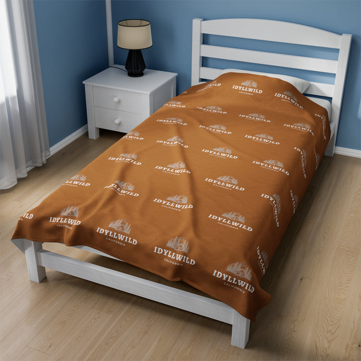 Velveteen Plush Blanket Idyllwild Cabin Badge Pattern Tan
