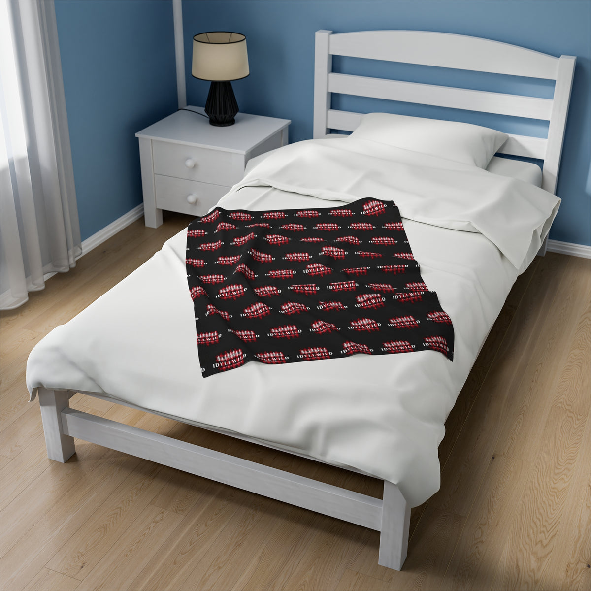 Velveteen Plush Blanket Red Buffalo White Pines Pattern Black