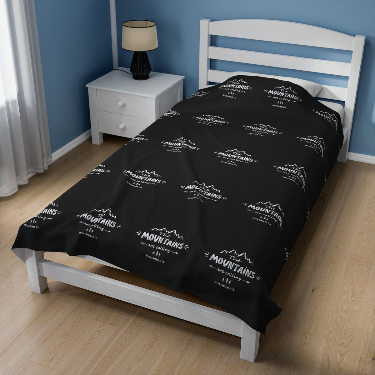 Velveteen Plush Blanket The Mountains Are Calling Black Pattern