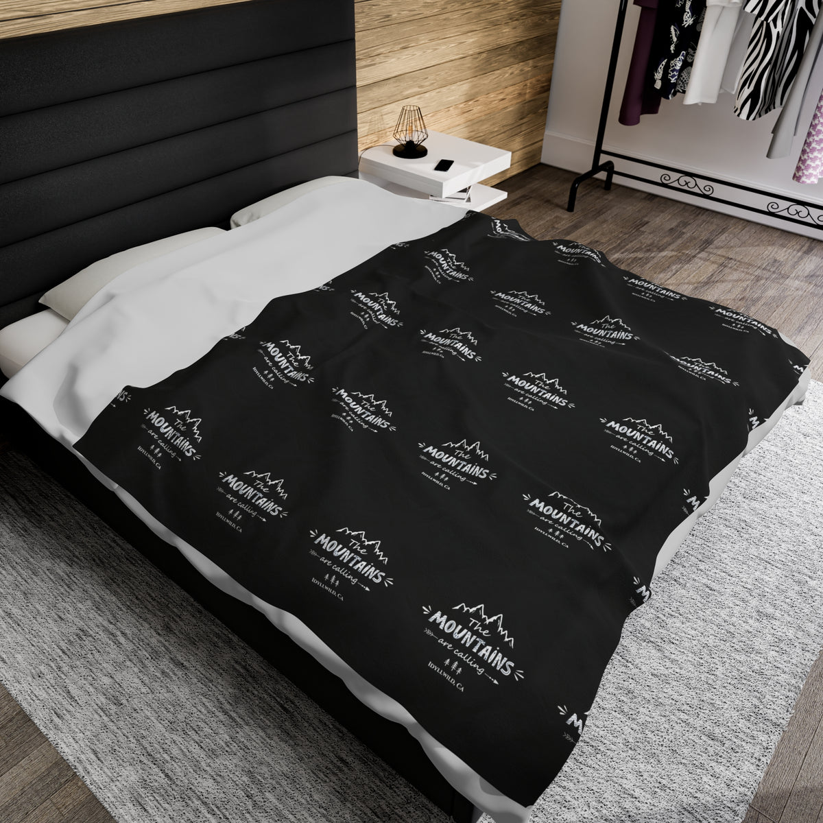 Velveteen Plush Blanket The Mountains Are Calling Black Pattern