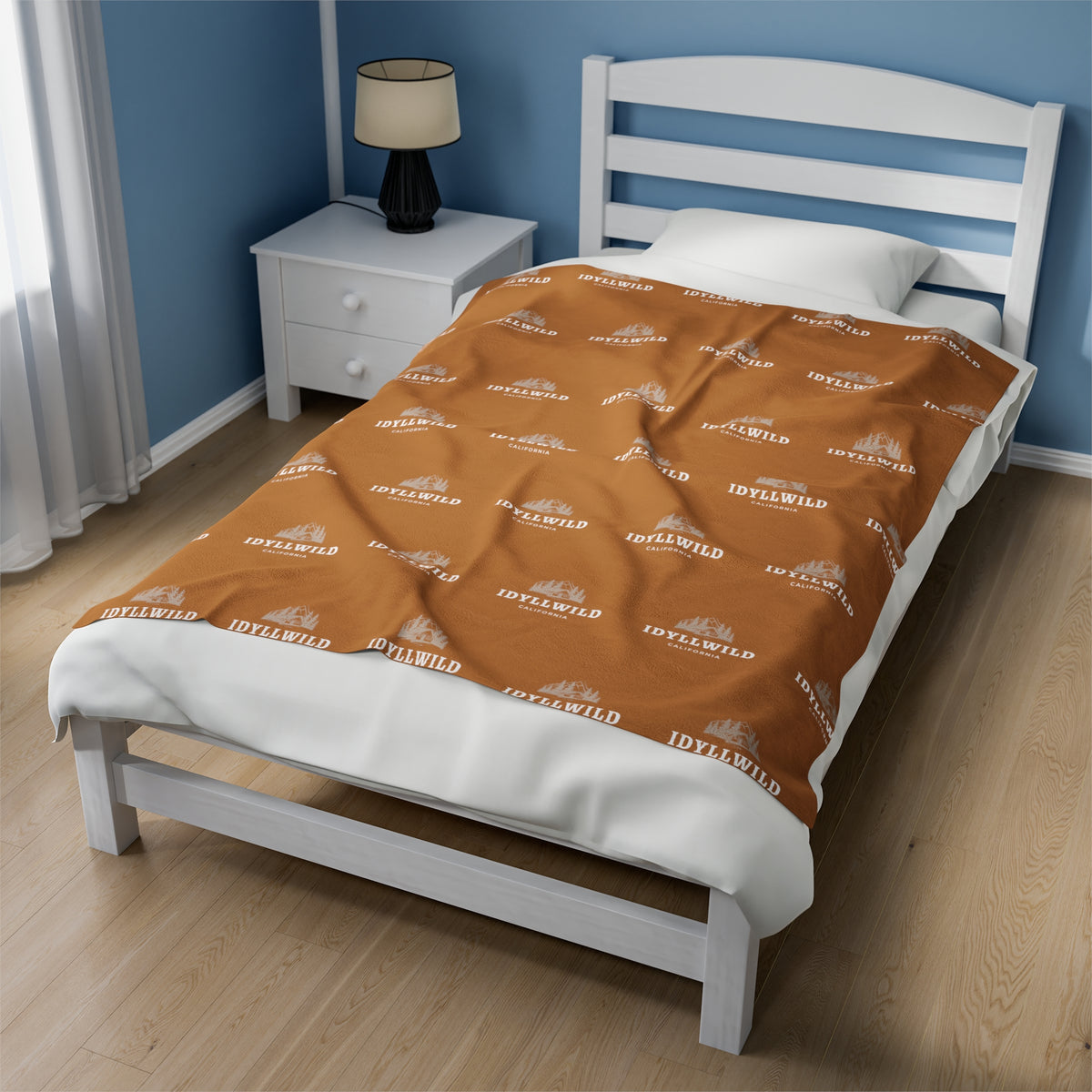 Velveteen Plush Blanket Idyllwild Cabin Badge Pattern Tan