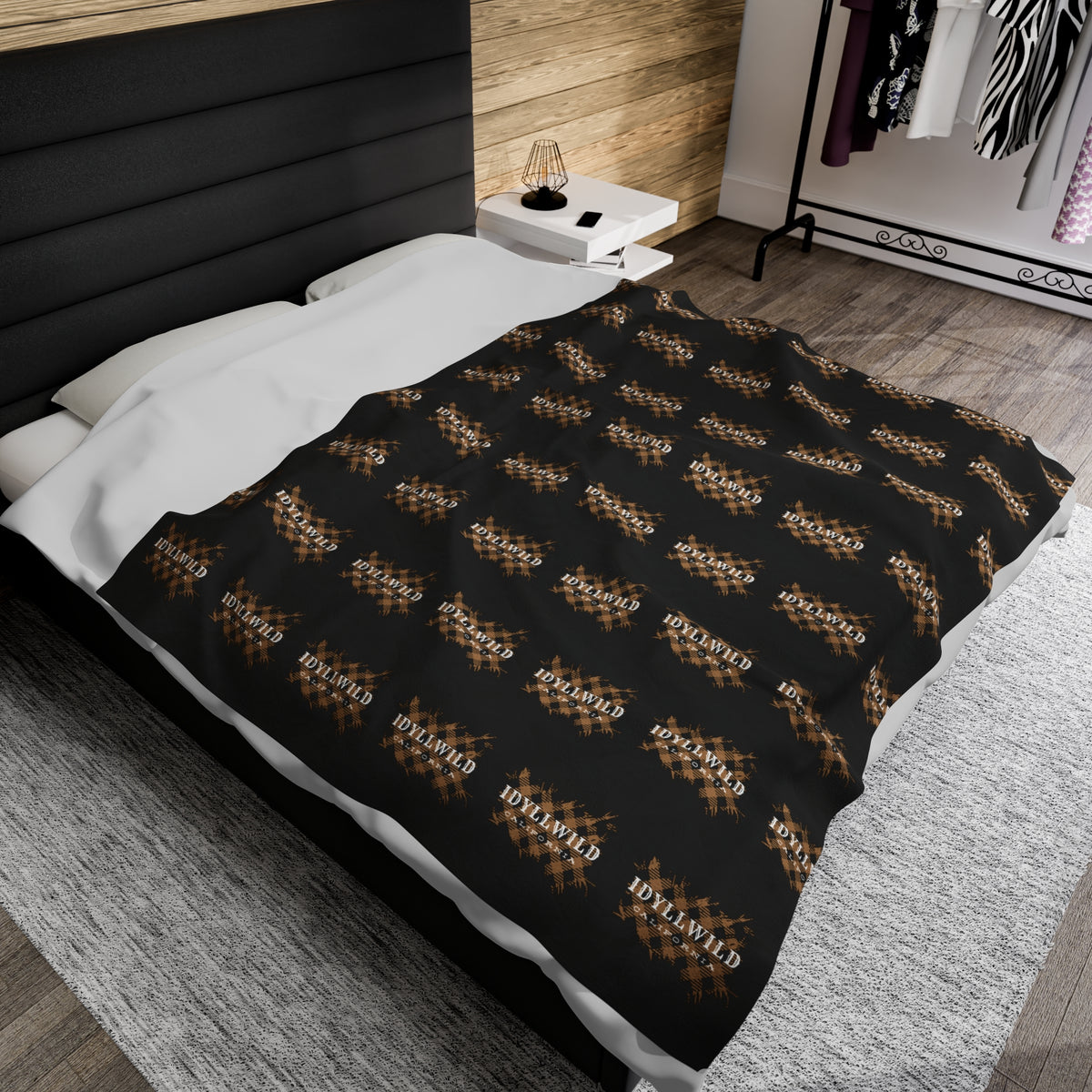 Velveteen Plush Blanket Tan Plaid Idyllwild Pattern Black
