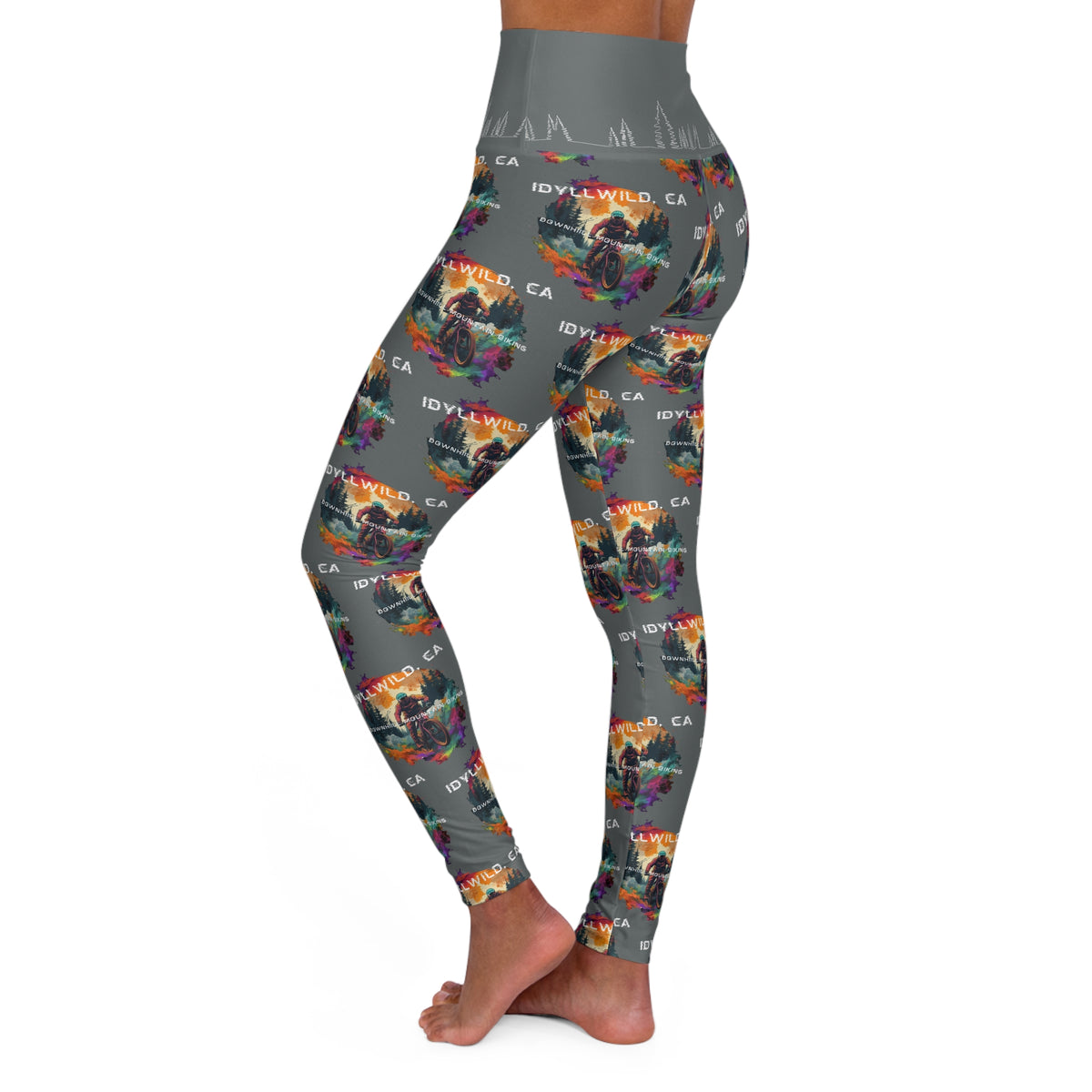 High Waisted Yoga Leggings (AOP) Idyllwild Mountain Biking Grey