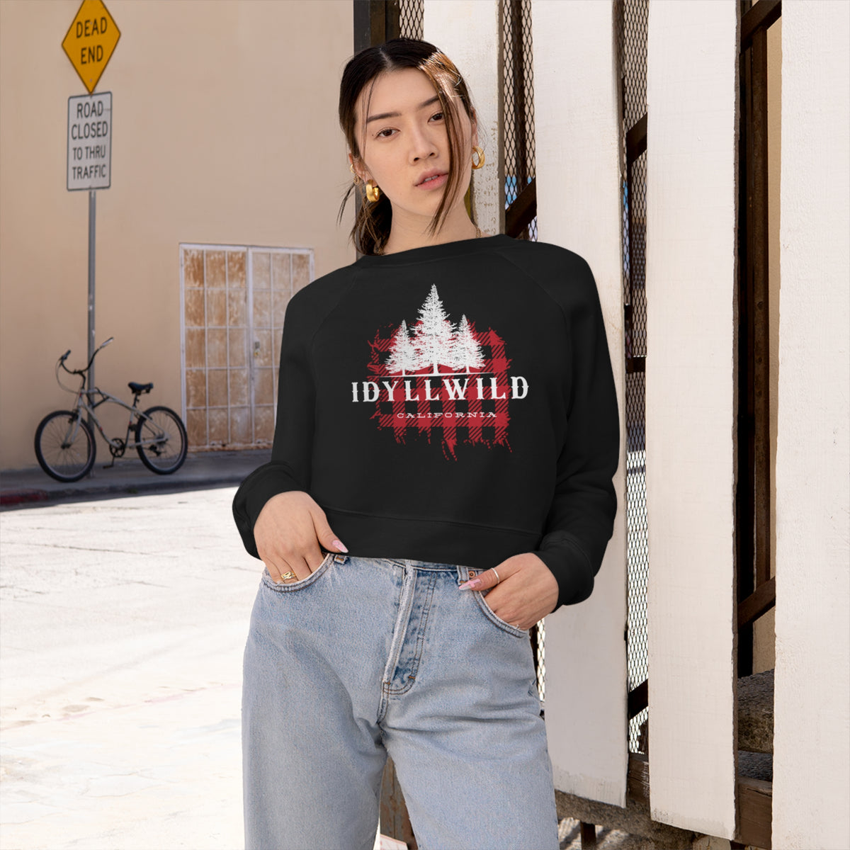 Idyllwild California Red Buffalo Plaid White Pine Cropped Fleece Pullover