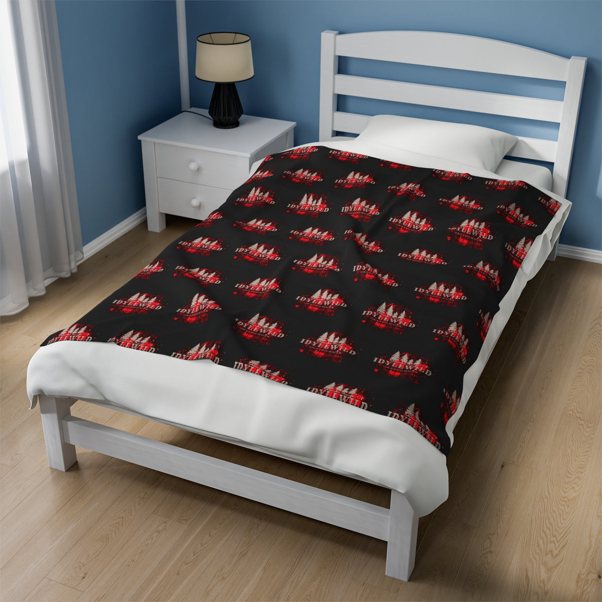 Velveteen Plush Blanket Red Buffalo Tan Pine Pattern Black