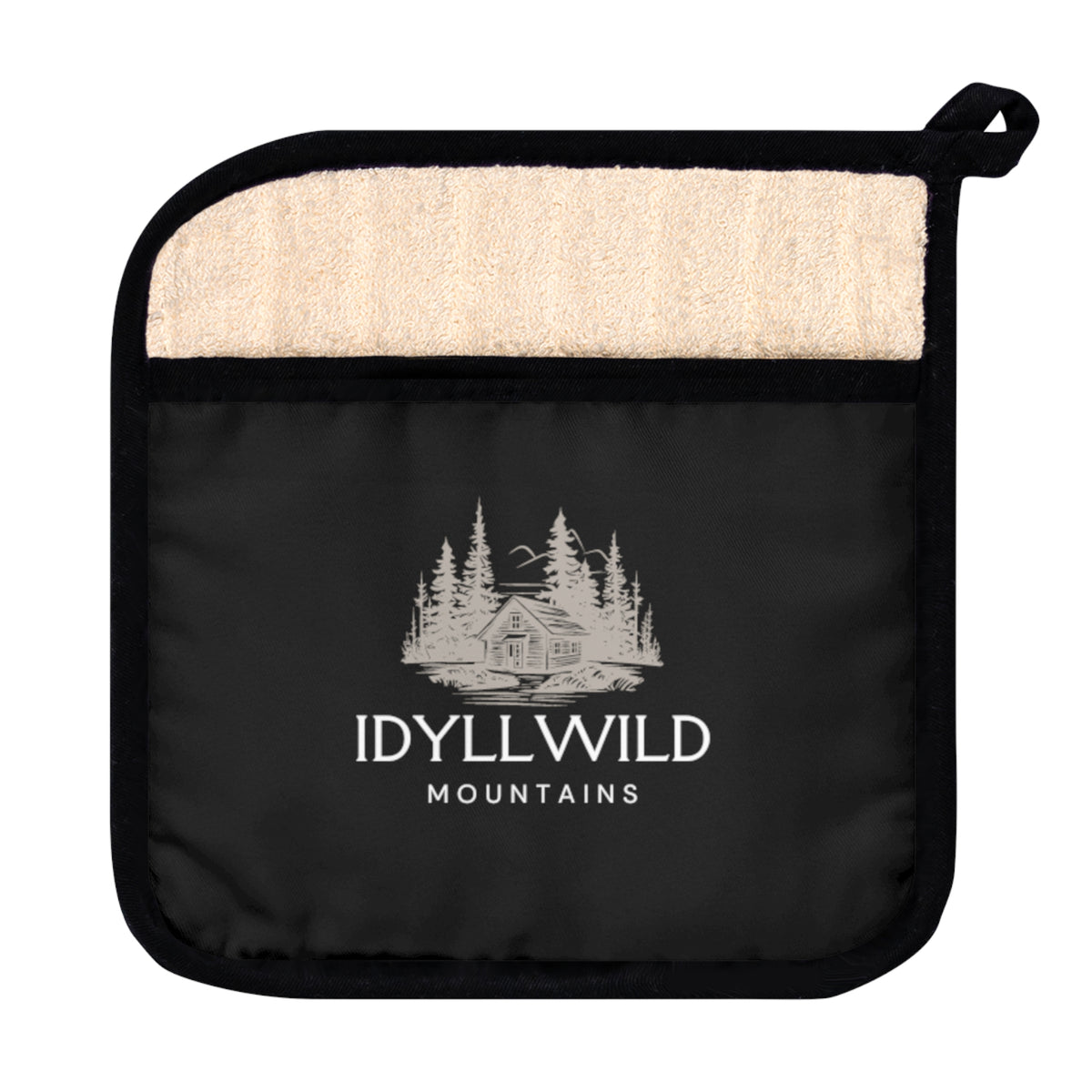 Idyllwild Cabin in the Woods Black Pot Holder with Pocket