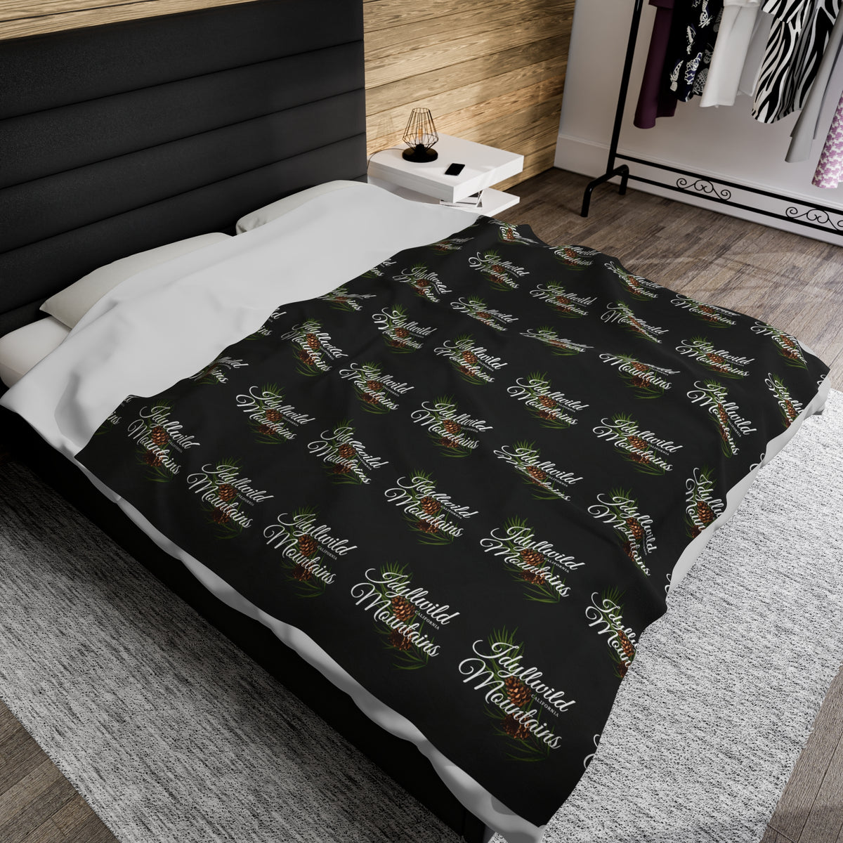 Velveteen Plush Blanket Idyllwild Classy Coneback Pattern Black