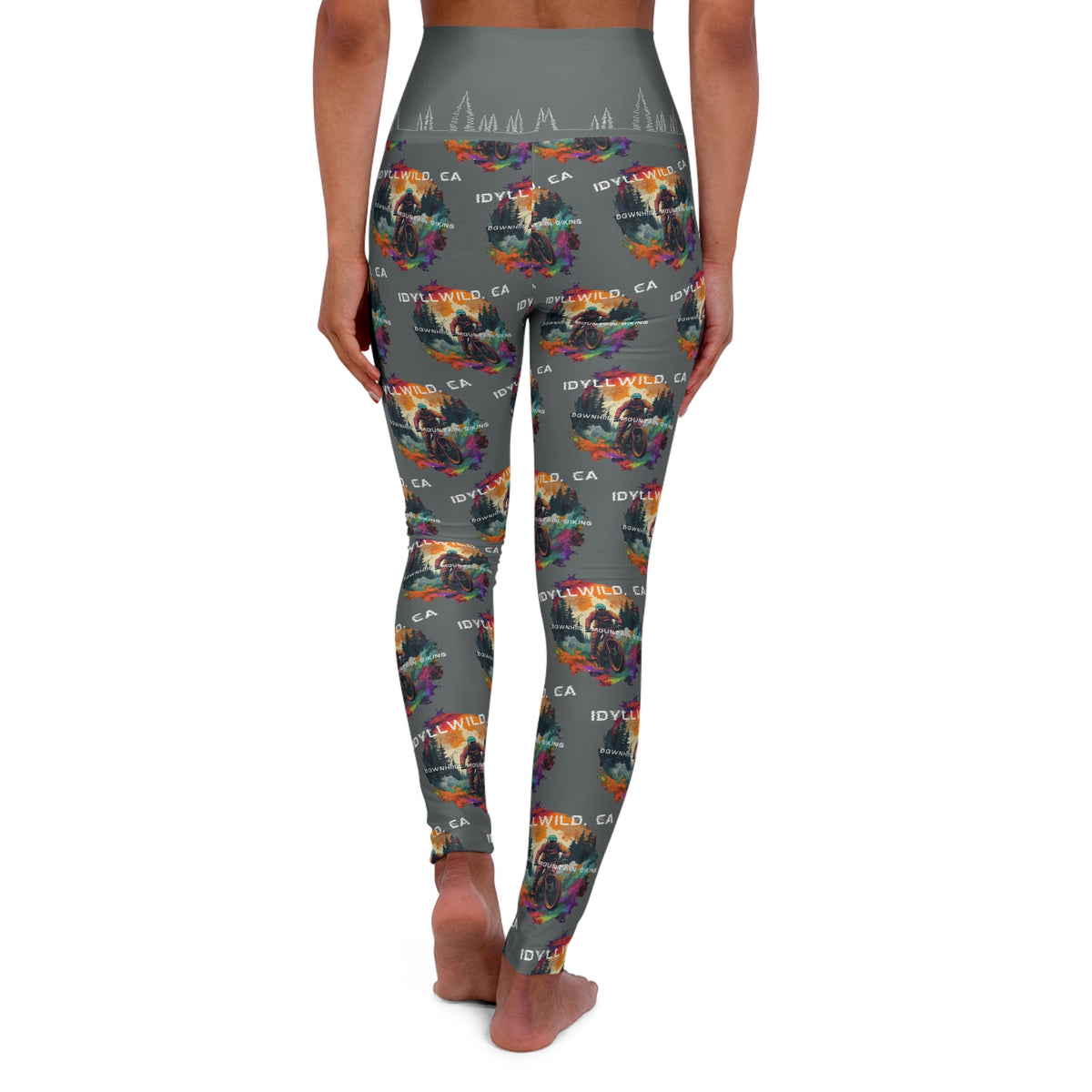 High Waisted Yoga Leggings (AOP) Idyllwild Mountain Biking Grey