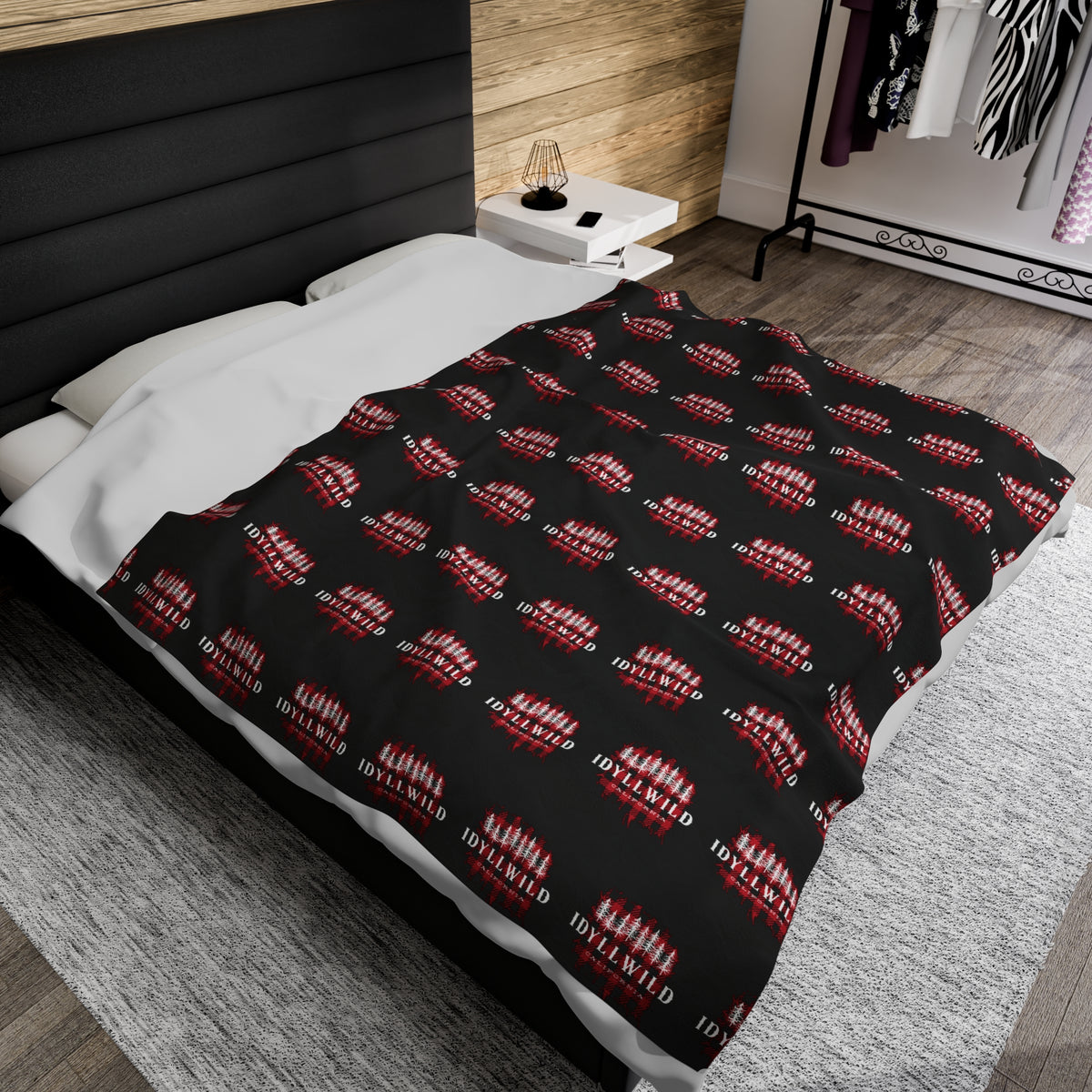 Velveteen Plush Blanket Red Buffalo White Pines Pattern Black