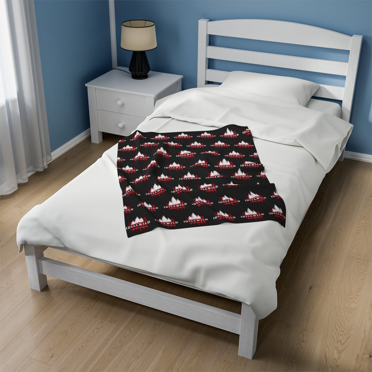Velveteen Plush Blanket Red Buffalo White Tall Pine Pattern Black