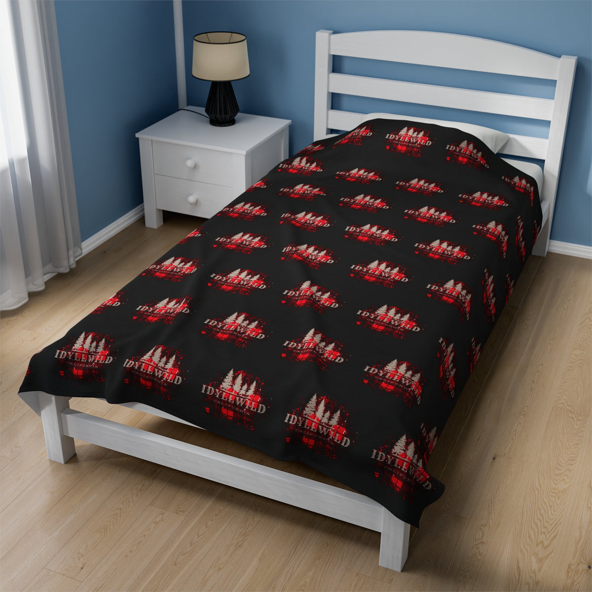 Velveteen Plush Blanket Red Buffalo Tan Pine Pattern Black